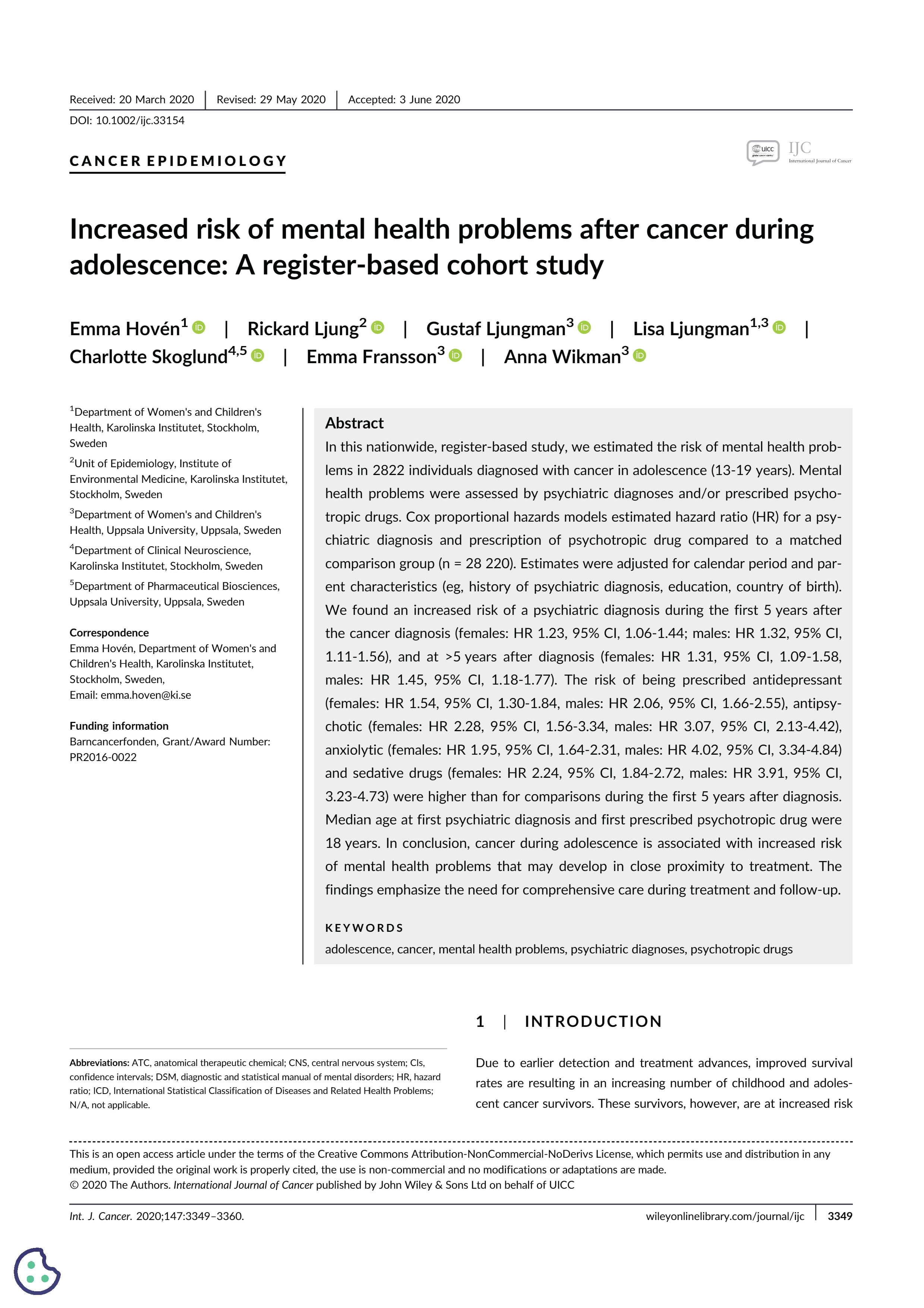Adolescent cancer and mental health
