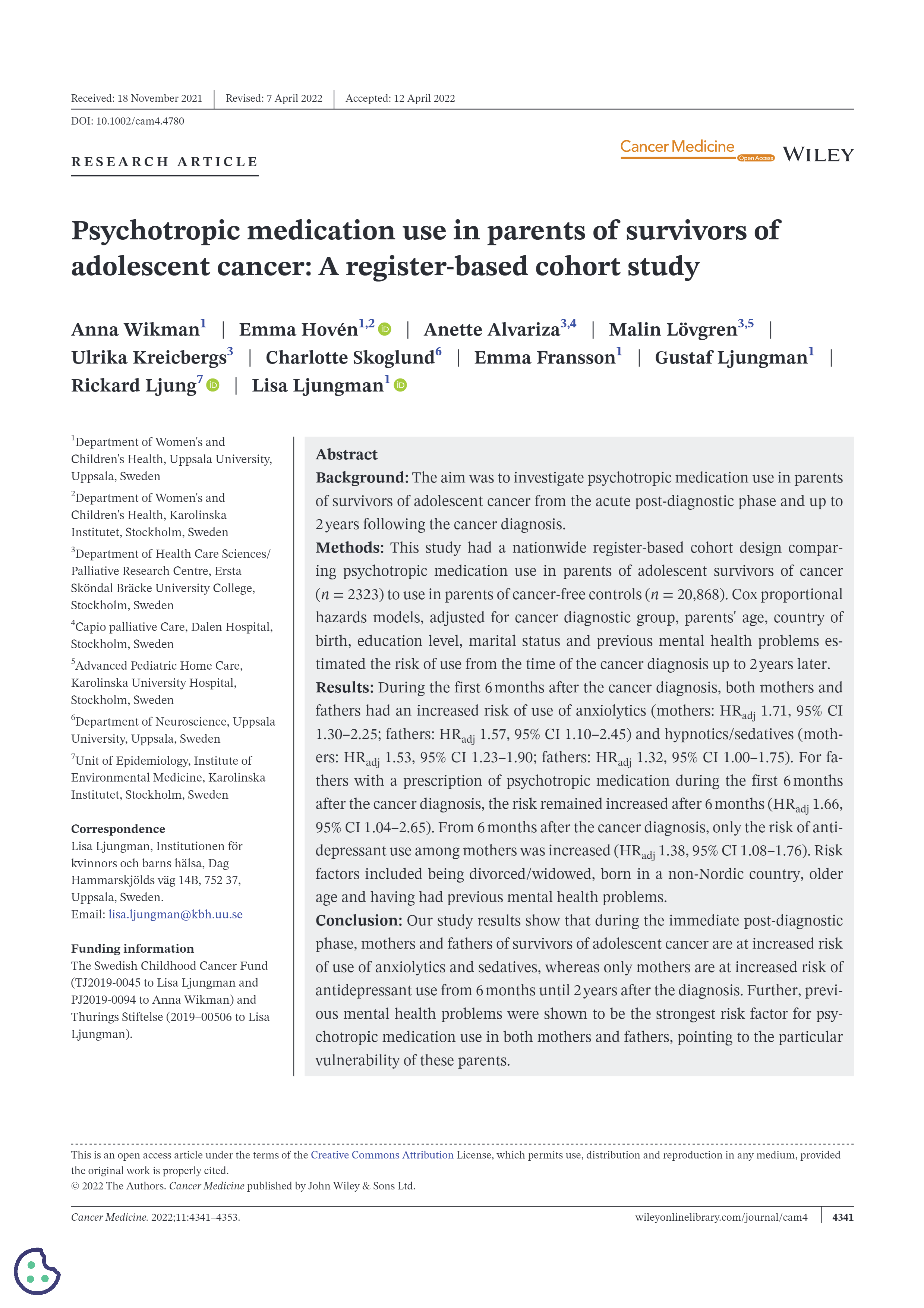 Adolescent cancer and psychotropic medication